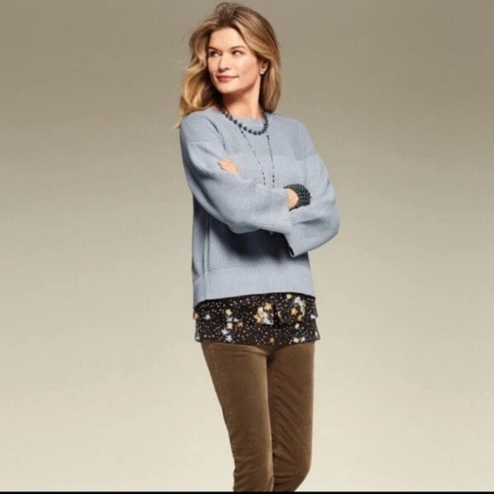 CABI Fair Play Reversible Blue Sweater Size L Style 3522 Wide Sleeve Crew Neck